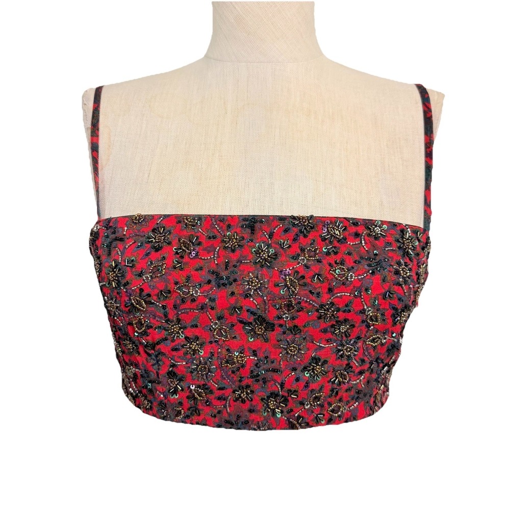 Sani Red Beaded Cropped Bustier Top XS‎ Embellished Y2K Festival Gothic